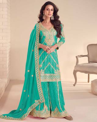 Turquoise blue embroidery, sequins, mirror & hand work chinnon straight palazzo suit-free size stitching (size upto 42") 1