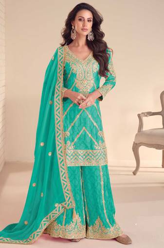 Turquoise blue embroidery, sequins, mirror & hand work chinnon straight palazzo suit-free size stitching (size upto 42")