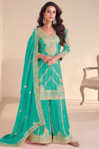 Turquoise blue embroidery, sequins, mirror & hand work chinnon straight palazzo suit-free size stitching (size upto 42")