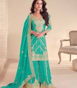 Turquoise blue embroidery, sequins, mirror & hand work chinnon straight palazzo suit-free size stitching (size upto 42")