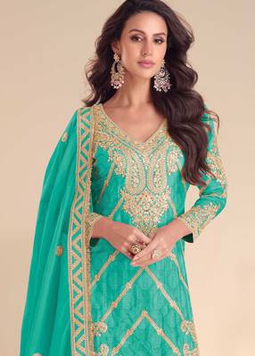 Turquoise blue embroidery, sequins, mirror & hand work chinnon straight palazzo suit-free size stitching (size upto 42") 2