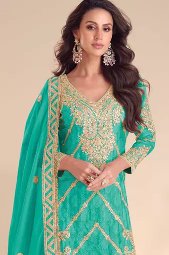 Turquoise blue embroidery, sequins, mirror & hand work chinnon straight palazzo suit-free size stitching (size upto 42")