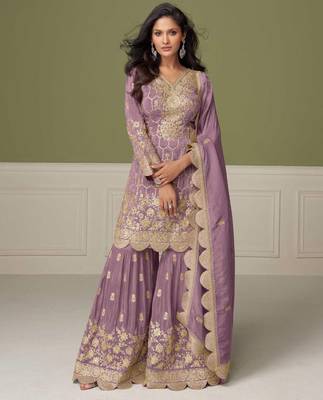 Lilac embroidery, mirror & hand work simar silk straight short sharara suit-free size stitching (size upto 42") 1