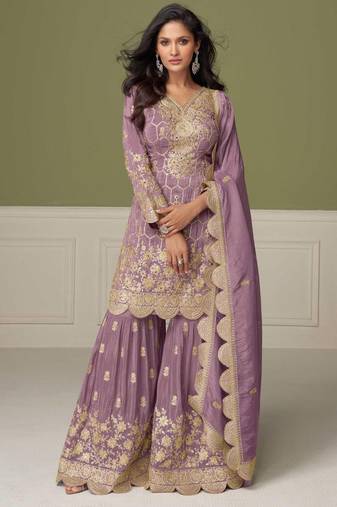 Lilac embroidery, mirror & hand work simar silk straight short sharara suit-free size stitching (size upto 42")