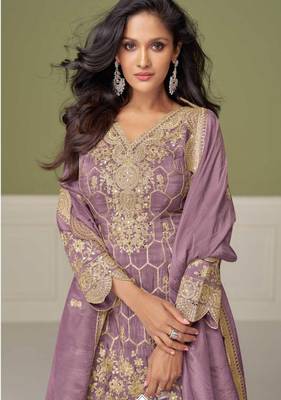 Lilac embroidery, mirror & hand work simar silk straight short sharara suit-free size stitching (size upto 42") 2