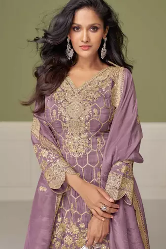 Lilac embroidery, mirror & hand work simar silk straight short sharara suit-free size stitching (size upto 42")
