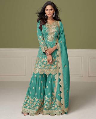 Turquoise embroidery, mirror & hand work simar silk straight short sharara suit-free size stitching (size upto 42") 1