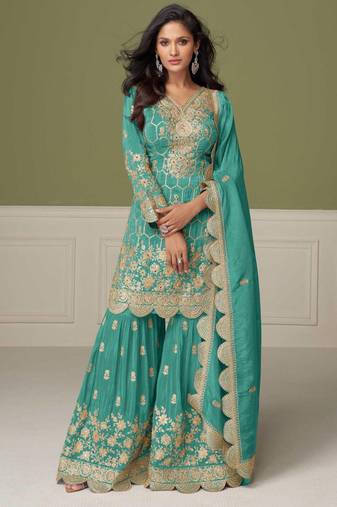 Turquoise embroidery, mirror & hand work simar silk straight short sharara suit-free size stitching (size upto 42")