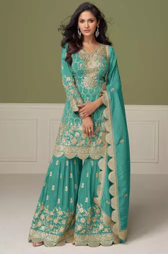 Turquoise embroidery, mirror & hand work simar silk straight short sharara suit-free size stitching (size upto 42")
