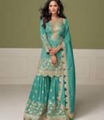 Turquoise embroidery, mirror & hand work simar silk straight short sharara suit-free size stitching (size upto 42")