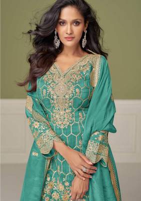 Turquoise embroidery, mirror & hand work simar silk straight short sharara suit-free size stitching (size upto 42") 2