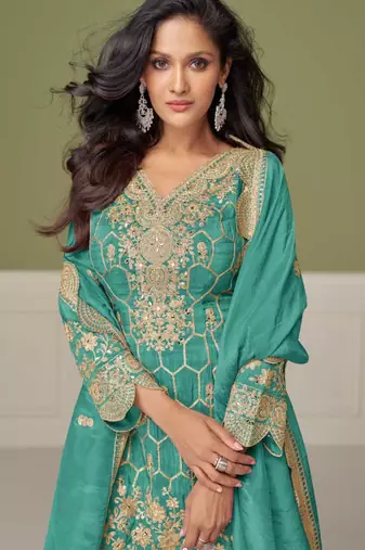 Turquoise embroidery, mirror & hand work simar silk straight short sharara suit-free size stitching (size upto 42")