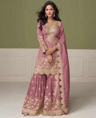 Mauve embroidery, mirror & hand work simar silk straight short sharara suit-free size stitching (size upto 42") 1