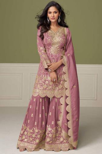Mauve embroidery, mirror & hand work simar silk straight short sharara suit-free size stitching (size upto 42")