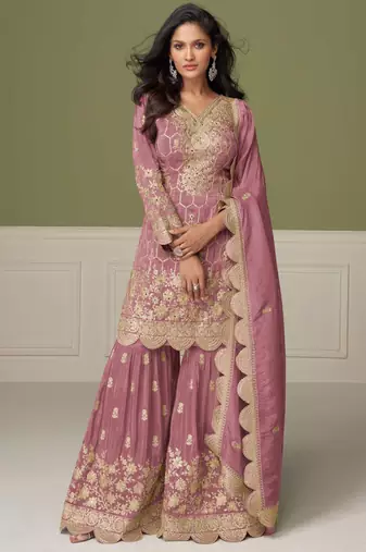 Mauve embroidery, mirror & hand work simar silk straight short sharara suit-free size stitching (size upto 42")