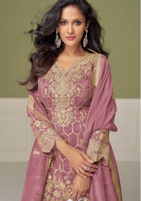 Mauve embroidery, mirror & hand work simar silk straight short sharara suit-free size stitching (size upto 42") 2