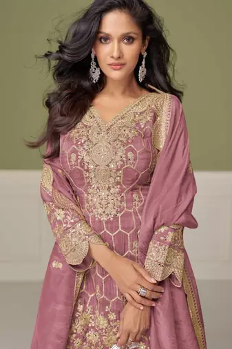 Mauve embroidery, mirror & hand work simar silk straight short sharara suit-free size stitching (size upto 42")