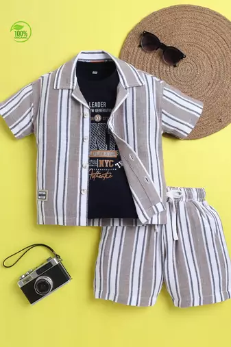 Beige organic cotton woven striped shirt and short set with solid tshirt