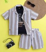 Beige organic cotton woven striped shirt and short set with solid tshirt