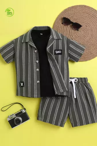 Olive organic cotton woven striped shirt and short set with solid tshirt