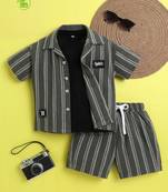 Olive organic cotton woven striped shirt and short set with solid tshirt