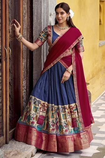 Navyblue Poly Chanderi With Kalamkari Printed With Zari Weaving Work South Style Lehenga choli