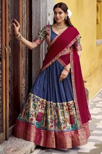 Navyblue Poly Chanderi With Kalamkari Printed With Zari Weaving Work South Style Lehenga choli