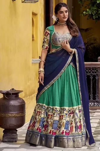Bottlegreen Poly Chanderi With Kalamkari Printed With Zari Weaving Work South Style Lehenga choli