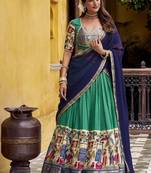 Bottlegreen Poly Chanderi With Kalamkari Printed With Zari Weaving Work South Style Lehenga choli