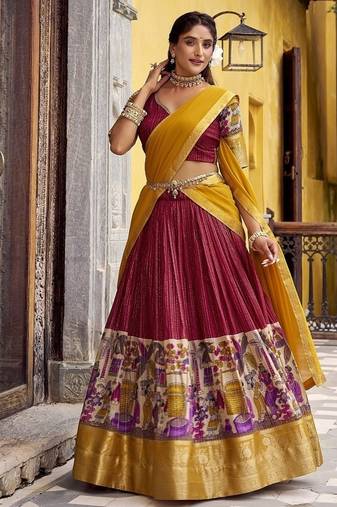 Red Poly Chanderi With Kalamkari Printed With Zari Weaving Work South Style Lehenga choli