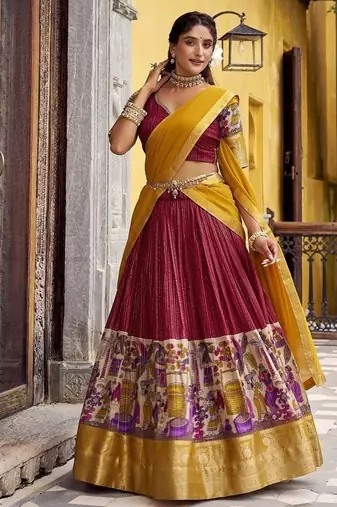 Red Poly Chanderi With Kalamkari Printed With Zari Weaving Work South Style Lehenga choli