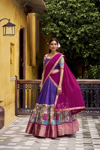 Purple Poly Chanderi With Kalamkari Printed With Zari Weaving Work South Style Lehenga choli