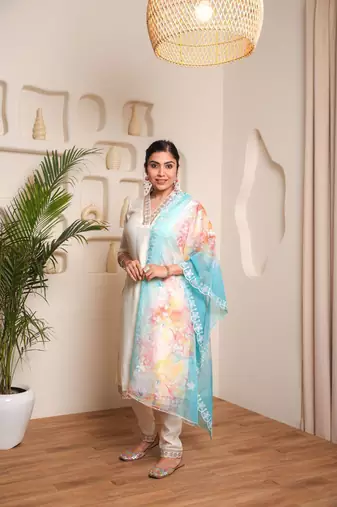 Pv chanderi cotton embroidered kurti with bottom & organza dupatta set