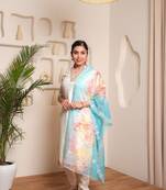 Pv chanderi cotton embroidered kurti with bottom & organza dupatta set