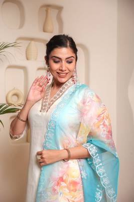 Pv chanderi cotton embroidered kurti with bottom & organza dupatta set 2