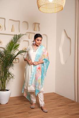 Pv chanderi cotton embroidered kurti with bottom & organza dupatta set 4