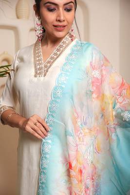 Pv chanderi cotton embroidered kurti with bottom & organza dupatta set 5