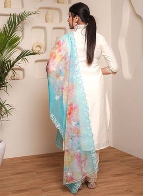 Pv chanderi cotton embroidered kurti with bottom & organza dupatta set 6