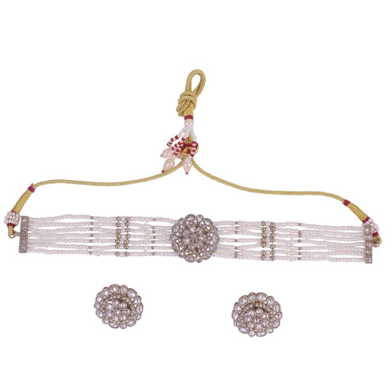 Dazzling pearl round and flower shape silver plated collar necklace set for women and girls