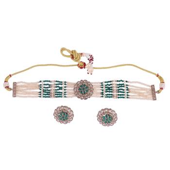pearl & green stone silver plated floral choker set 1