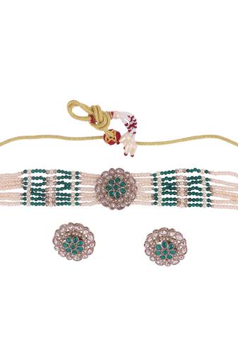 Delightful pearl round and flower shape silver plated collar necklace set for women and girls