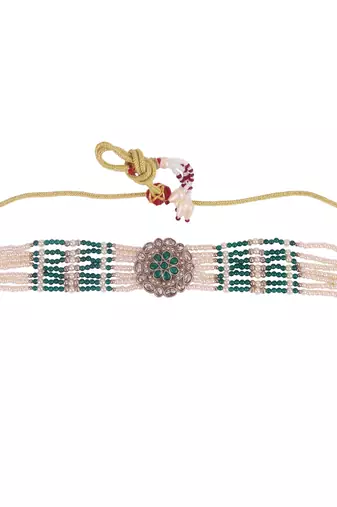 pearl & green stone silver plated floral choker set