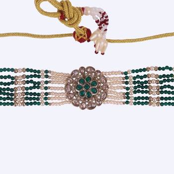 pearl & green stone silver plated floral choker set 3