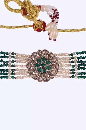 pearl & green stone silver plated floral choker set