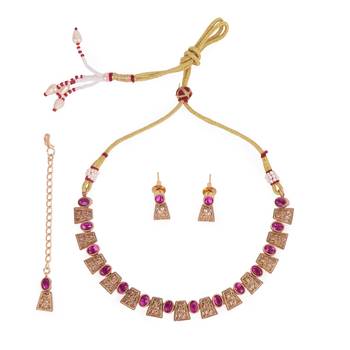 rajwadi gold plated pink stone choker set with maangtikka 1