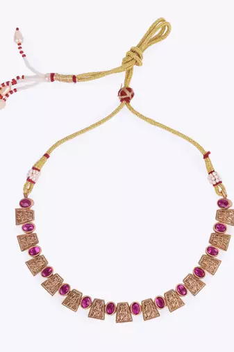 rajwadi gold plated pink stone choker set with maangtikka