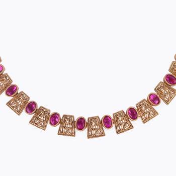 rajwadi gold plated pink stone choker set with maangtikka 4