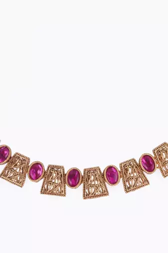 rajwadi gold plated pink stone choker set with maangtikka