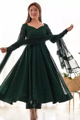 Dark green sequins work pure fox georgette stitched anarkali style suit with pants & dupatta