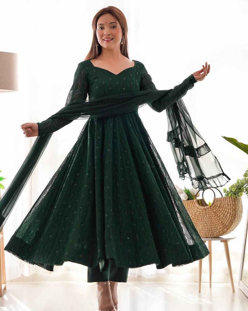 Dark green sequins work pure fox georgette stitched anarkali style suit with pants & dupatta